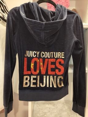 Juicy Couture 'Loves Beijing' Embellished Velour Hoodie - Navy